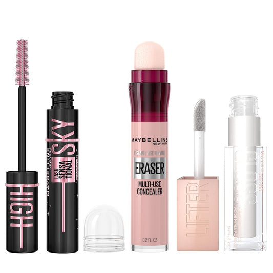 Maybelline Lash Sensational Sky High Washable Mascara, Cosmic Black + Instant Age Rewind Eraser Dark Circles Treatment Multi-Use Concealer, 160+ Lifter Gloss, Pearl, Silver Pearl Clear Bundle