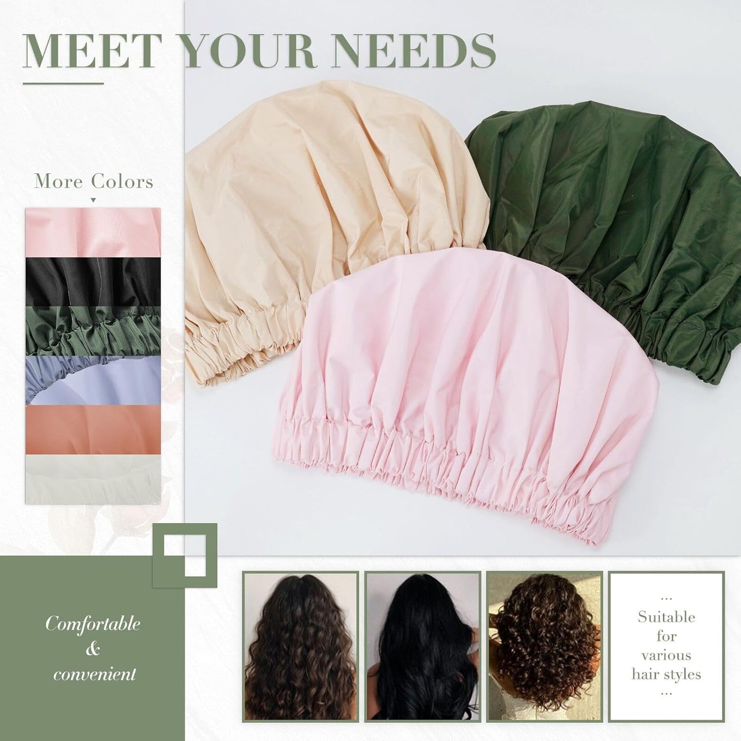 Reusable Shower Cap for Women, Large Waterproof Shower Essentials Bonnet Washable Elastic Band Bath Hair Wrap Hat for Long Hair, Braids(Pink&Green)