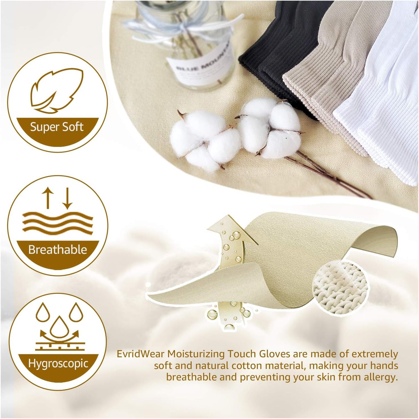 Evridwear Unisex Moisturizing Cotton Gloves with Touchscreen Fingertips for Eczema Beauty Cosmetic Dry Hands Sensitive Irritated Skin Therapy Overnight Bedtime, 6 Pairs, Lightweight-Beige, S/M