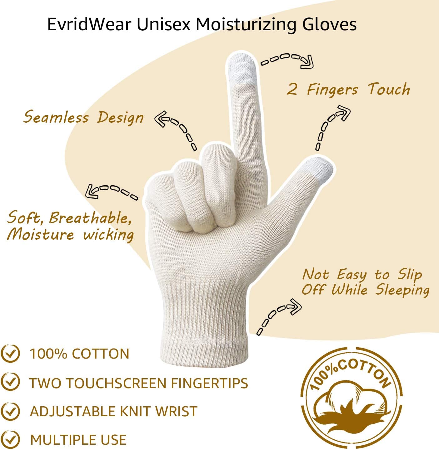 Evridwear Unisex Moisturizing Cotton Gloves with Touchscreen Fingertips for Eczema Beauty Cosmetic Dry Hands Sensitive Irritated Skin Therapy Overnight Bedtime, 6 Pairs, Lightweight-Beige, XS