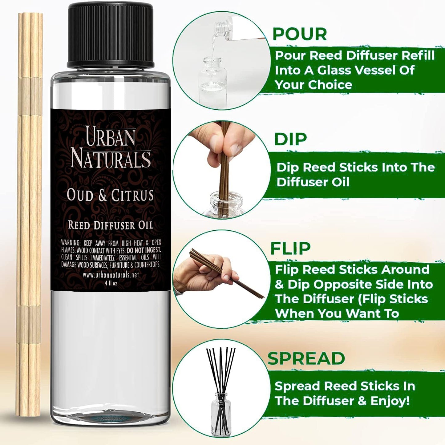 Urban Naturals Reed Diffuser Oil Refill, Oud & Citrus Diffuser Oils with Oud, Cedar, Citrus, Amber, 4 oz + Free Reed Sticks, Made in The USA