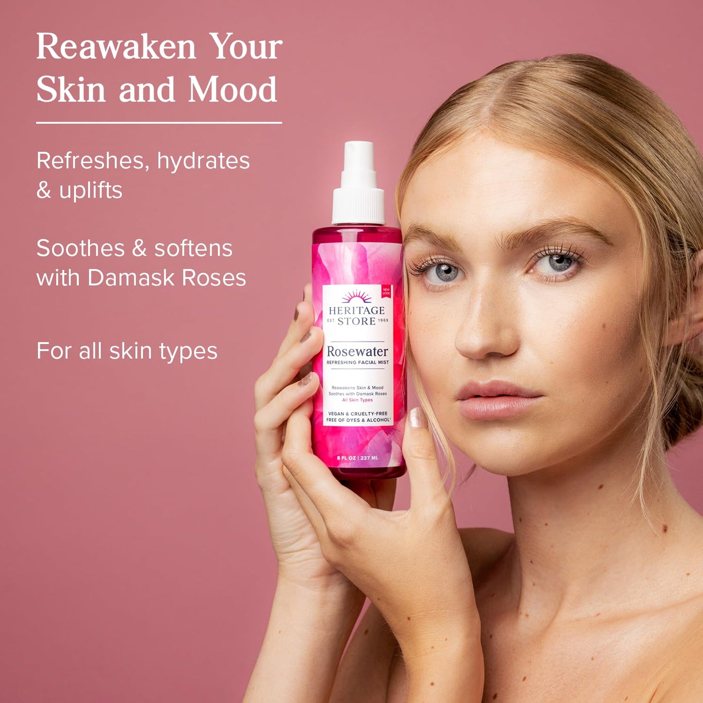 HERITAGE STORE Rosewater - Refreshing Face Mist with Damask Rose, All Skin Types - Hydrating Rose Water Spray for Glowing Skin Care - No Dyes or Alcohol, Hypoallergenic, Vegan, 60-Day Guarantee, 4oz