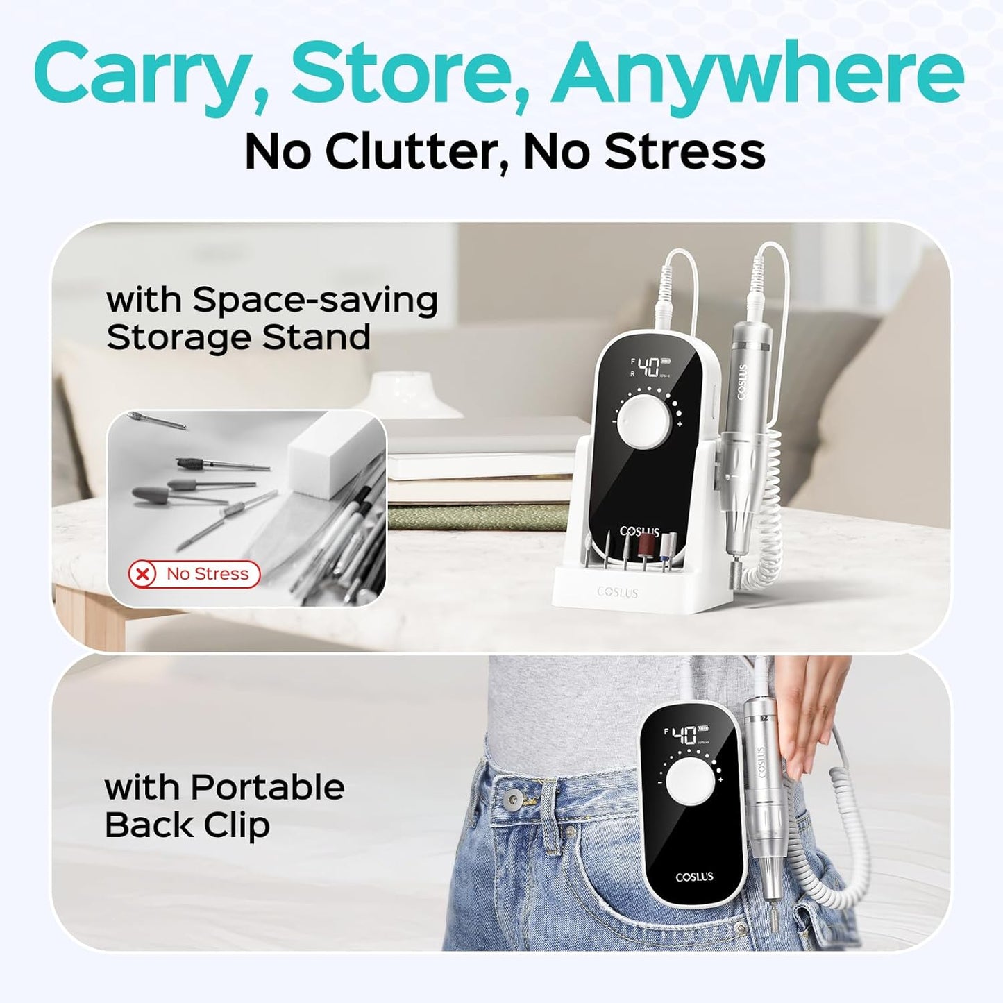 COSLUS Professional Rechargeable Electric Nail Drill 40000 RPM, Portable Nail File with Storage Stand for Acrylic Gel Polishing Removing - Easy to Use for Women, Manicure at Home DIY or Salon, White