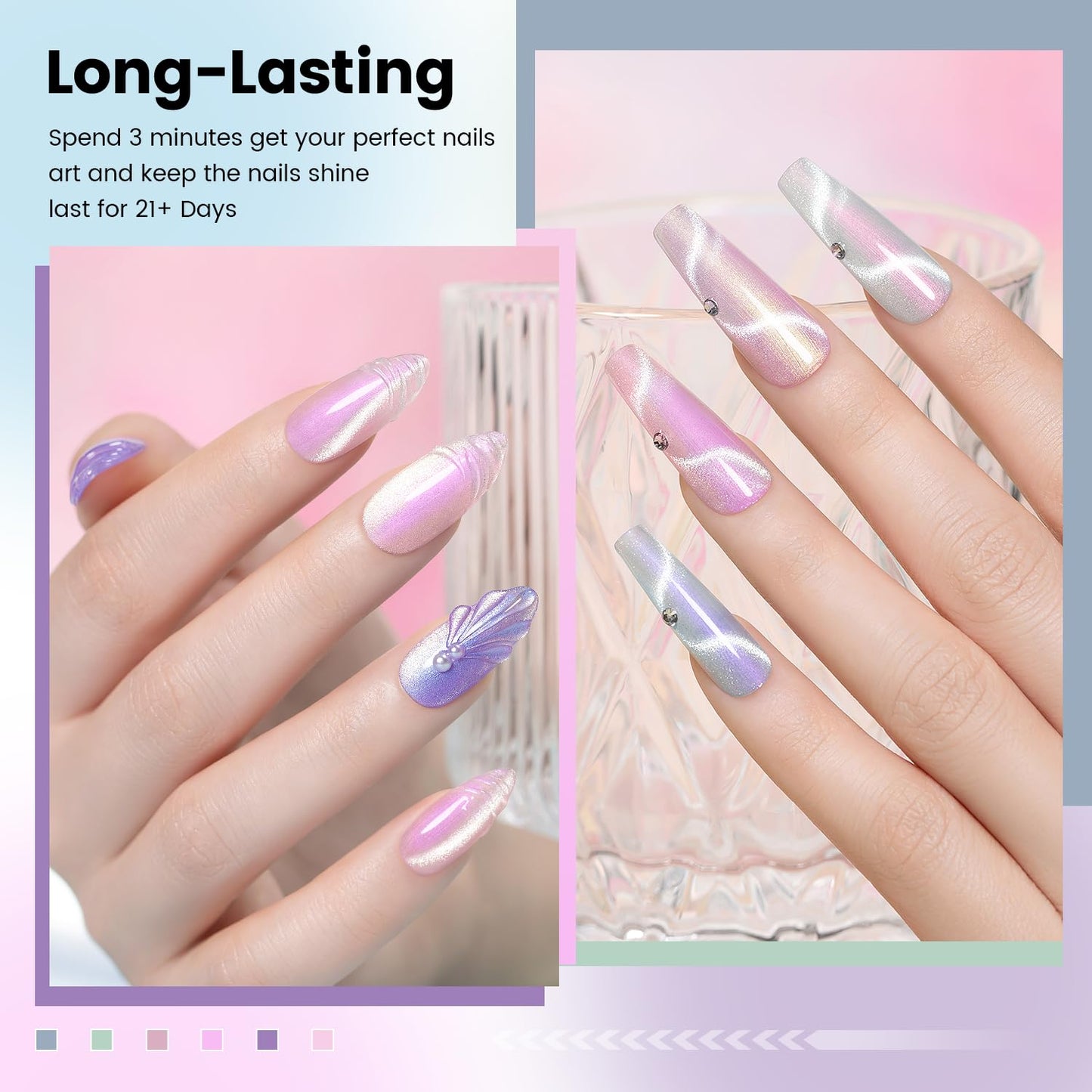 RARJSM Sparkle Diamond Pearl Cat Eye Gel Nail Polish Set 6pcs Velvet Silver Shimmer Pink Green Blue Purple White Glitter Mermaid Swirl Shell Thread Effect with Magnet Stick UV LED Curing Requires