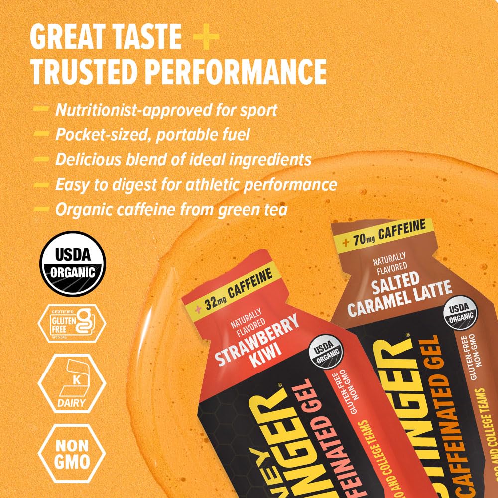 Honey Stinger Caffeinated Organic Energy Gel Variety Pack, 12 Packs Each of Salted Caramel Latte & Strawberry Kiwi, Caffeinated & Gluten Free, For All Exercises, Sports Nutrition for Home & Gym