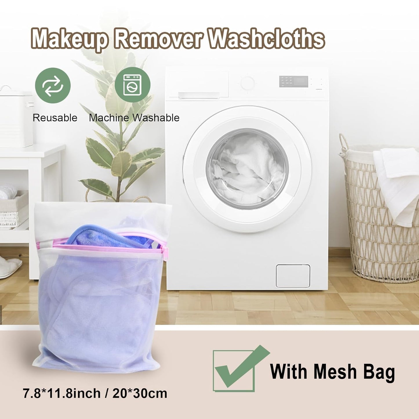 KODAMO Makeup Remover Cloth, Reusable Makeup Remover Pads Washable with Mesh Bag, Microfiber Makeup Removal Face Wash Cloths with Just Water, Gentle Soft, 12 Pack