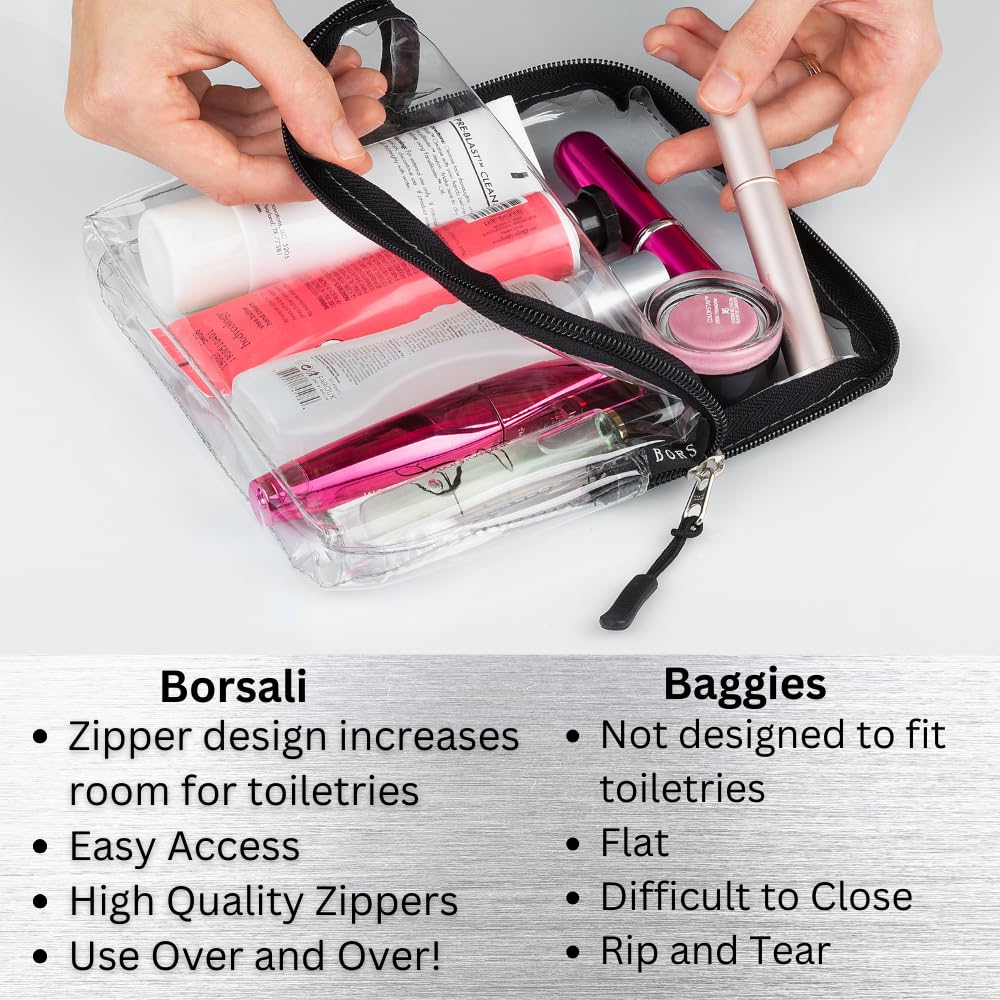 BORSALI TSA Quart Size Bag Approved for Carry On Travel - One (1) Quart Clear Toiletries, Cosmetic and 3-1-1 Liquids Toiletry Bag