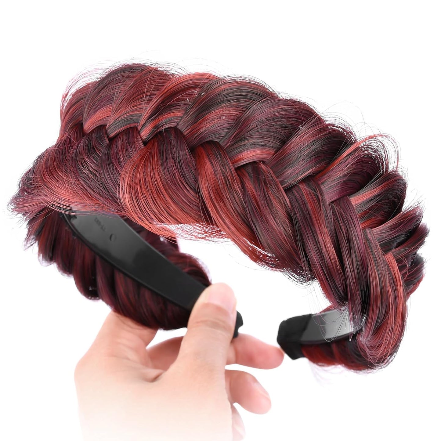 DIGUAN Wide Messy Braided Headband With Teeth Synthetic Hair Plaited Headband High Elasticity Braids Chunky Fishtail Braided Hair Band Hairpiece for Girls Women Beauty Accessory (Burgundy)