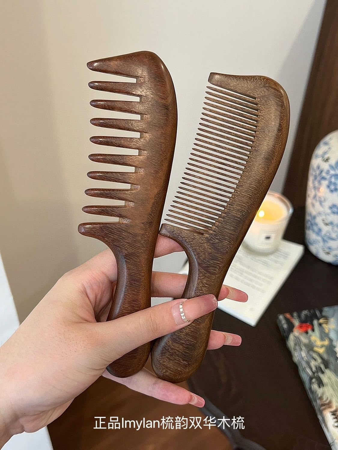Walnut Wood Hair Comb, Wooden Comb with Handle, Walnut Wood Hair Comb, Natural Seamless Wood Comb,Walnut/Sandalwood Wide Tooth Curly Hair Comb, Anti-static Comb, for Women Men. (Long tooth comb 2PCS)