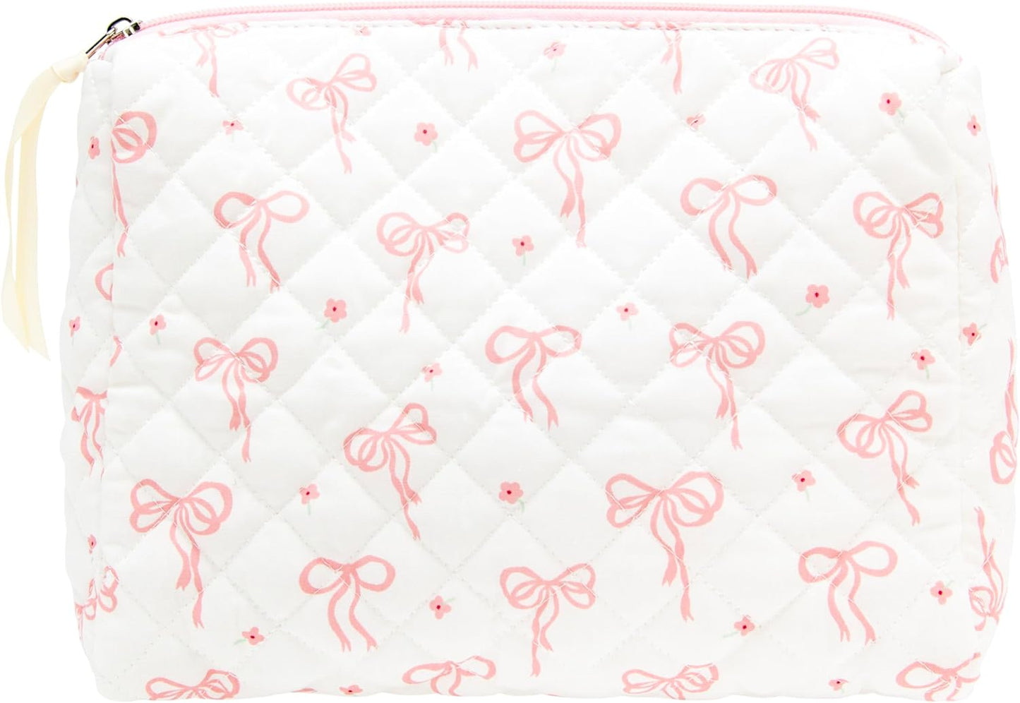 Quilted Makeup Bag Large Travel Zipper Soft Cosmetic Pouch for Women Girls Make Up,Bow Pink