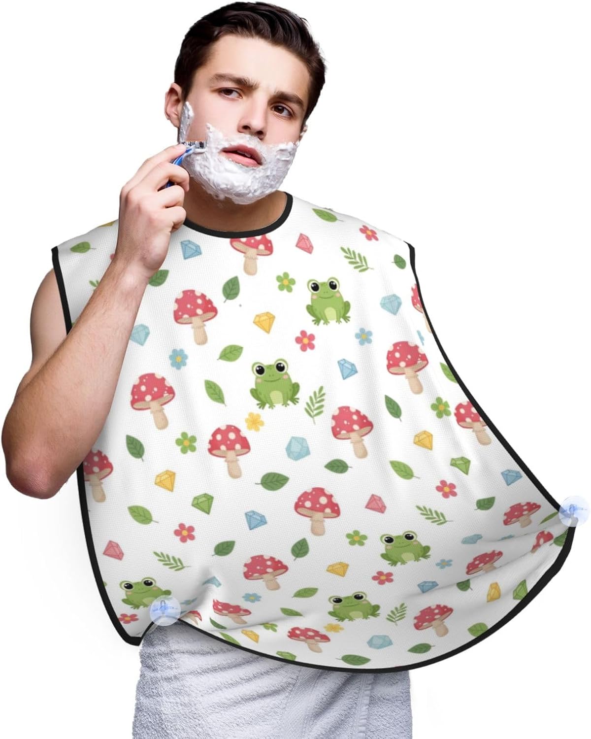 Beard Shaving Cape with Suction Cups, Floral Mushroom Cute Cartoon Green Frog Shave Bib, Non-Stick Waterproof Hair Catcher, Grooming Bib for Men Husband