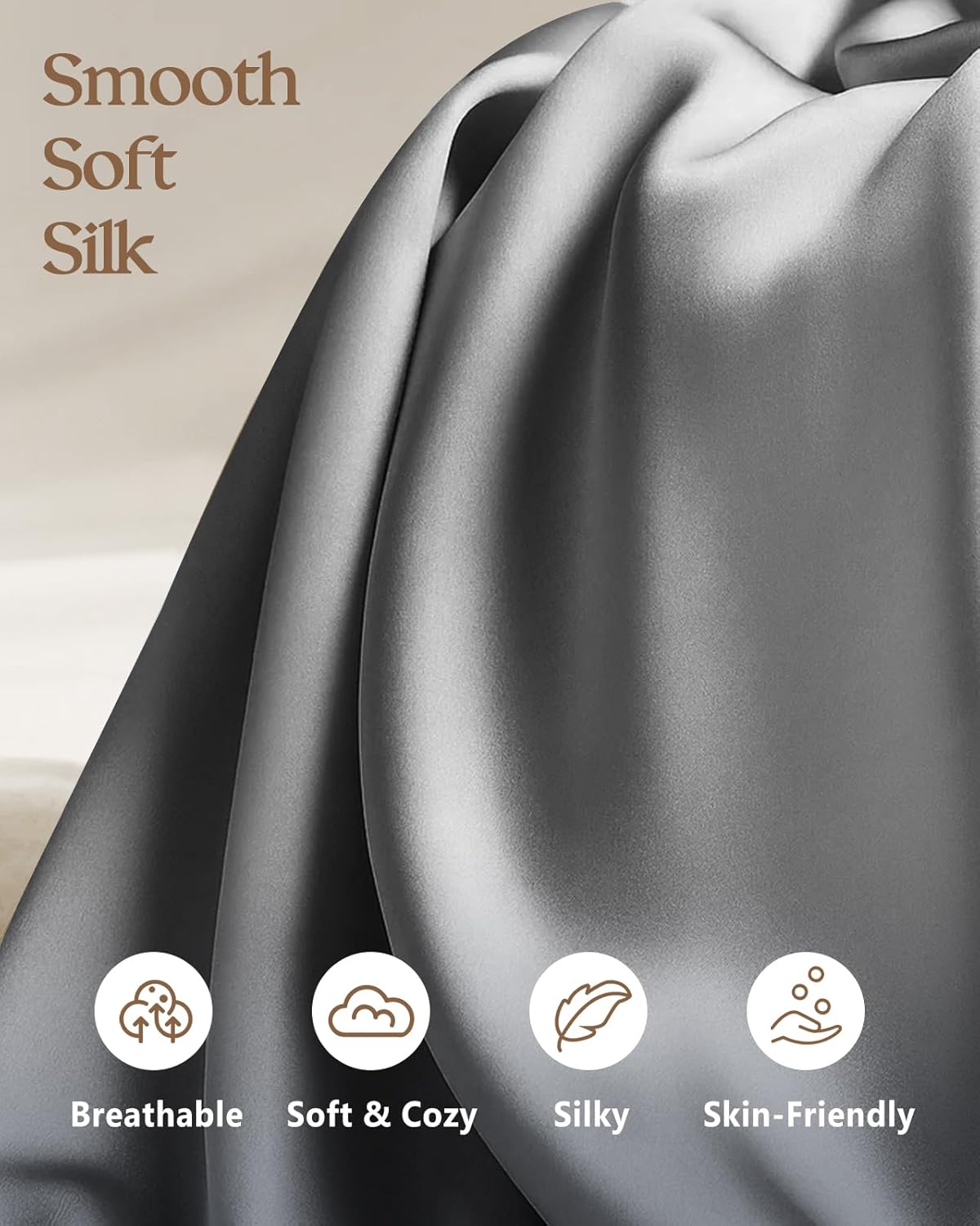 Silk Pillowcase 2 Pack - Pillow Cases King Set of 2 Size 20" x 36" for Hair and Skin Smooth Soft Breathable with Hidden Zipper Cooling Pillow Covers forWomen, Light Grey