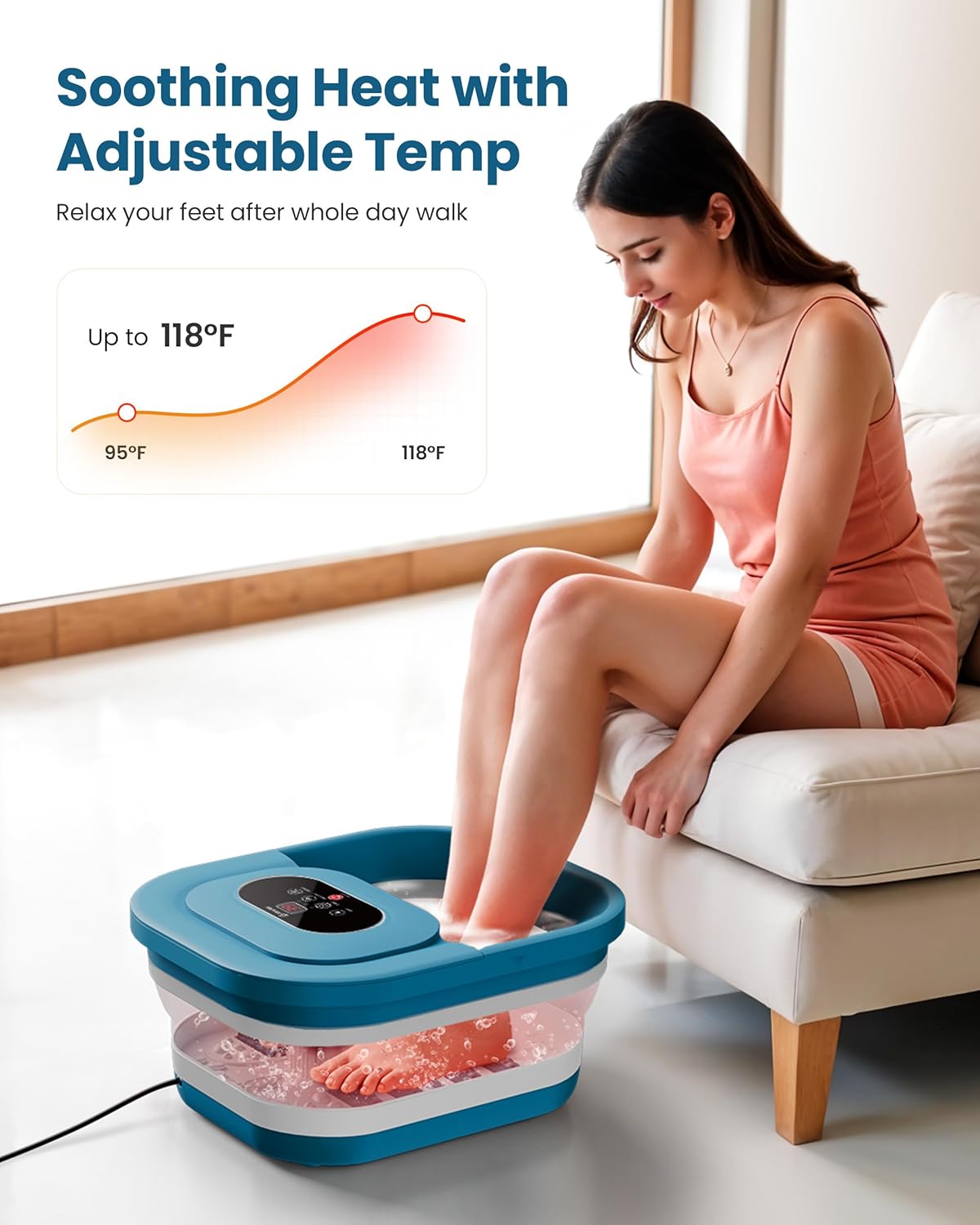 COMFIER Collapsible Foot Spa Bath Massager with Heat, Pedicure Foot Spa with Bubbles, Red Light, Pumice Stone and Shiatsu Massage Rollers, Heated Bath Spa for Relaxation and Stress Relief (Blue)