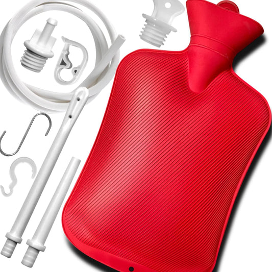 2L Home Enema Bag Kit with 2 Tips, 60 Inch Silicone Hose, Controlable Flow Valve, Hot-Water Bottle for Colon Cleansing (Red)