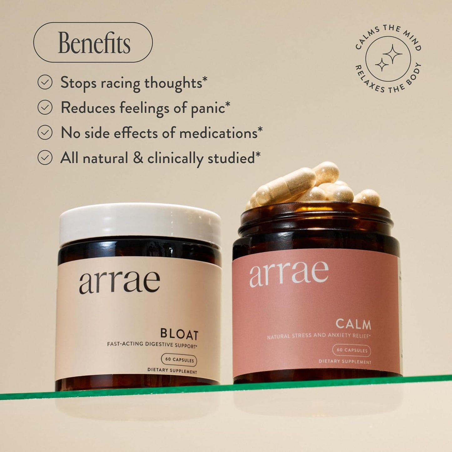 Arrae Calm Cortisol Manager - 60 Stress & Panic Relief Capsules - Mood Support Supplement w/L-Theanine, Inositol, Passionflower, & Magnesium to Help You Feel Zen