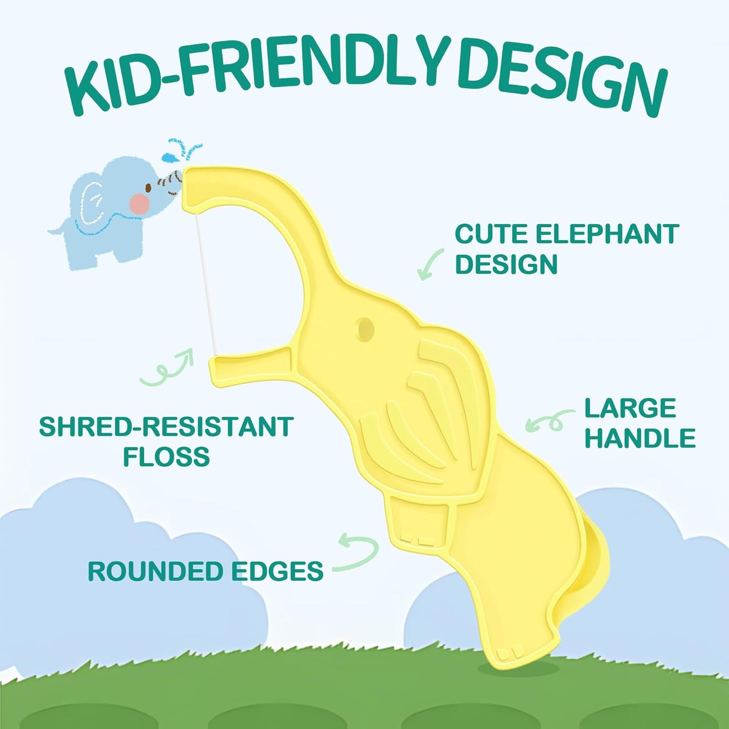 Biodegradable Kids Flossers, Cute Elephant Floss Picks, No Fluoride BPA Free Eco Friendly Dental Floss Picks, Mint Flavored, 2 Colors, 50 Count (Pack of 4)