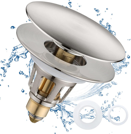Bathroom Sink Drain Stopper 1.1~1.5 Inch, Universal Pop Up Sink Stopper, Anti-Clogging Sink Drain Strainer with Hair Catcher, Bounce Push Type Sink Drain Filter (Brushed Nickel)