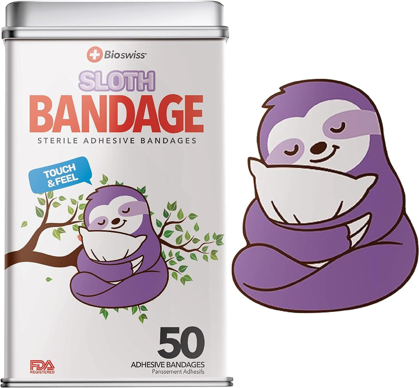BioSwiss Kids Bandages, Sloth Shaped Self Adhesive Bandage Set, Latex Free, Sterile Wound Care, 50 Count