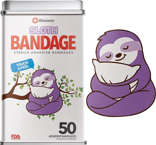 BioSwiss Kids Bandages, Sloth Shaped Self Adhesive Bandage Set, Latex Free, Sterile Wound Care, 50 Count