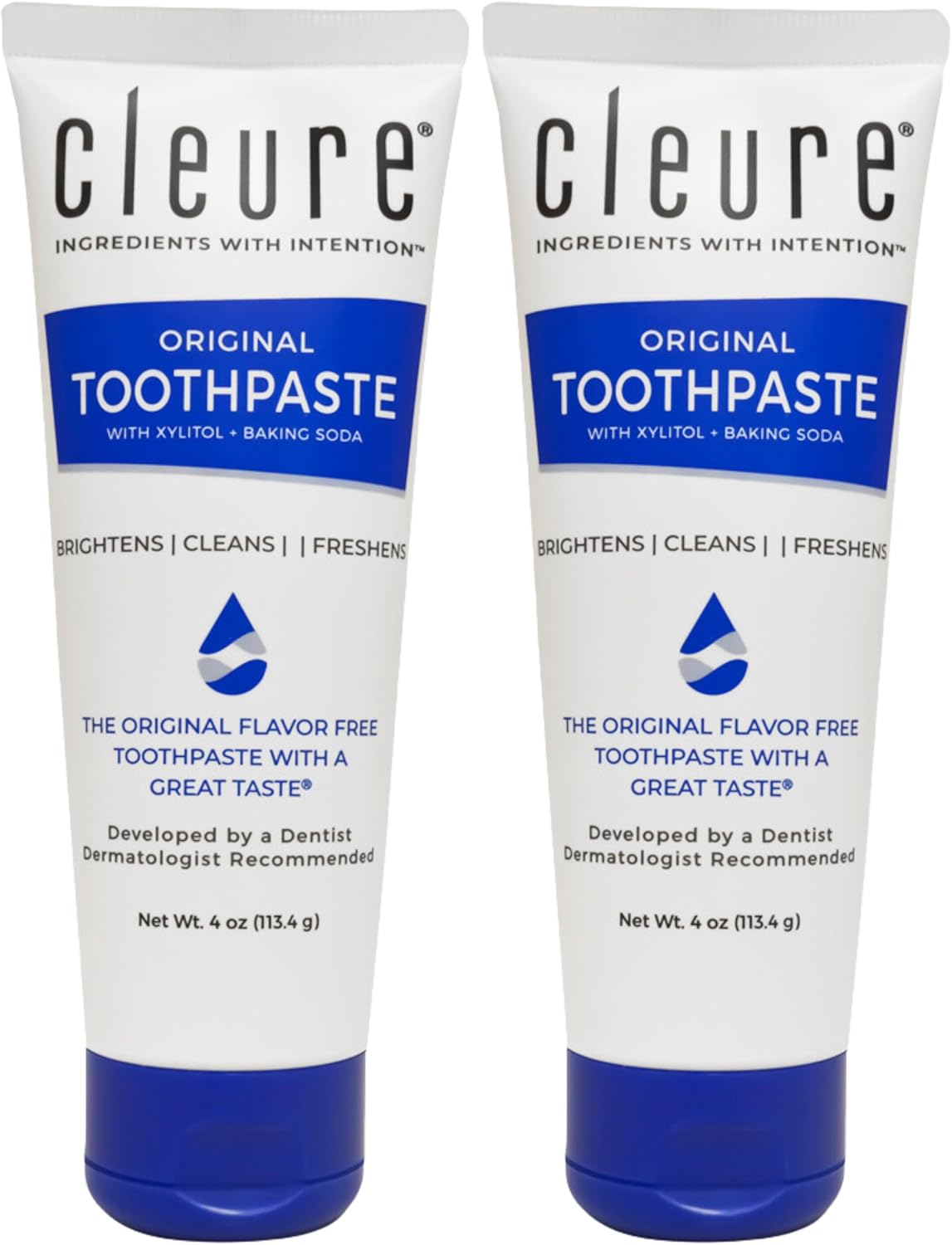 Cleure Original No Fluoride Toothpaste - SLS Free, Mint Free - with Xylitol for Fresh Breath & Helps Whiten - for Kids & Adults - Flavor Free (4oz Tube, Pack of 2)
