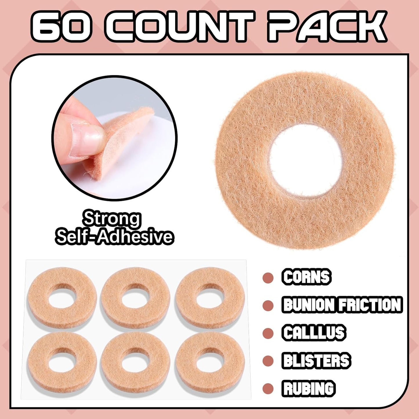 60 Pcs Felt Callus Cushions for Bottom of Foot Round Feet Corn Pads Adhesive Foot Callus Pads Soft Callous Cushions Bulk for Women Men Feet Toes Heel Pain Relief(Skin Color)