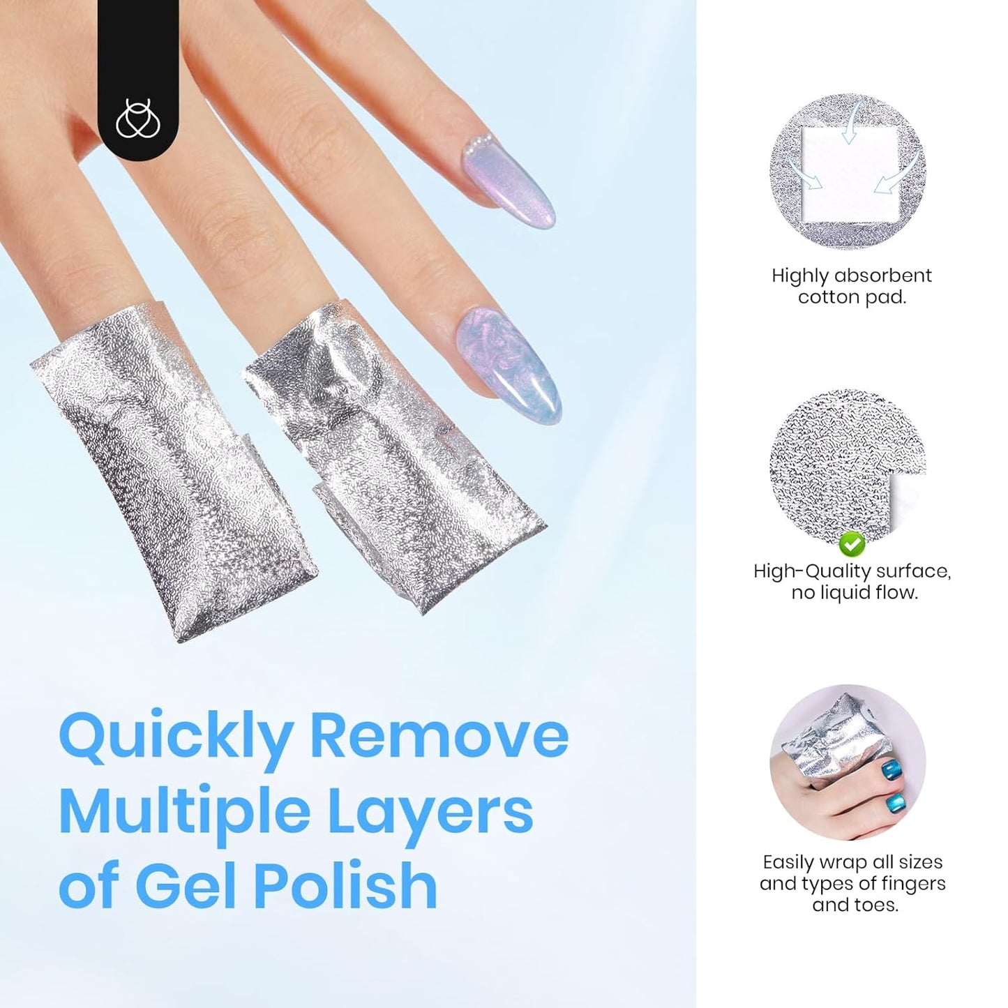 beetles Nail Remover Kit - 200Pcs Nail Soak Off Foil Wraps Gel Nail Polish Remover Tools Larger and Thicker Pre-attached Cotton Pad with Droppers, Easy Manicure Removal for Women Girls