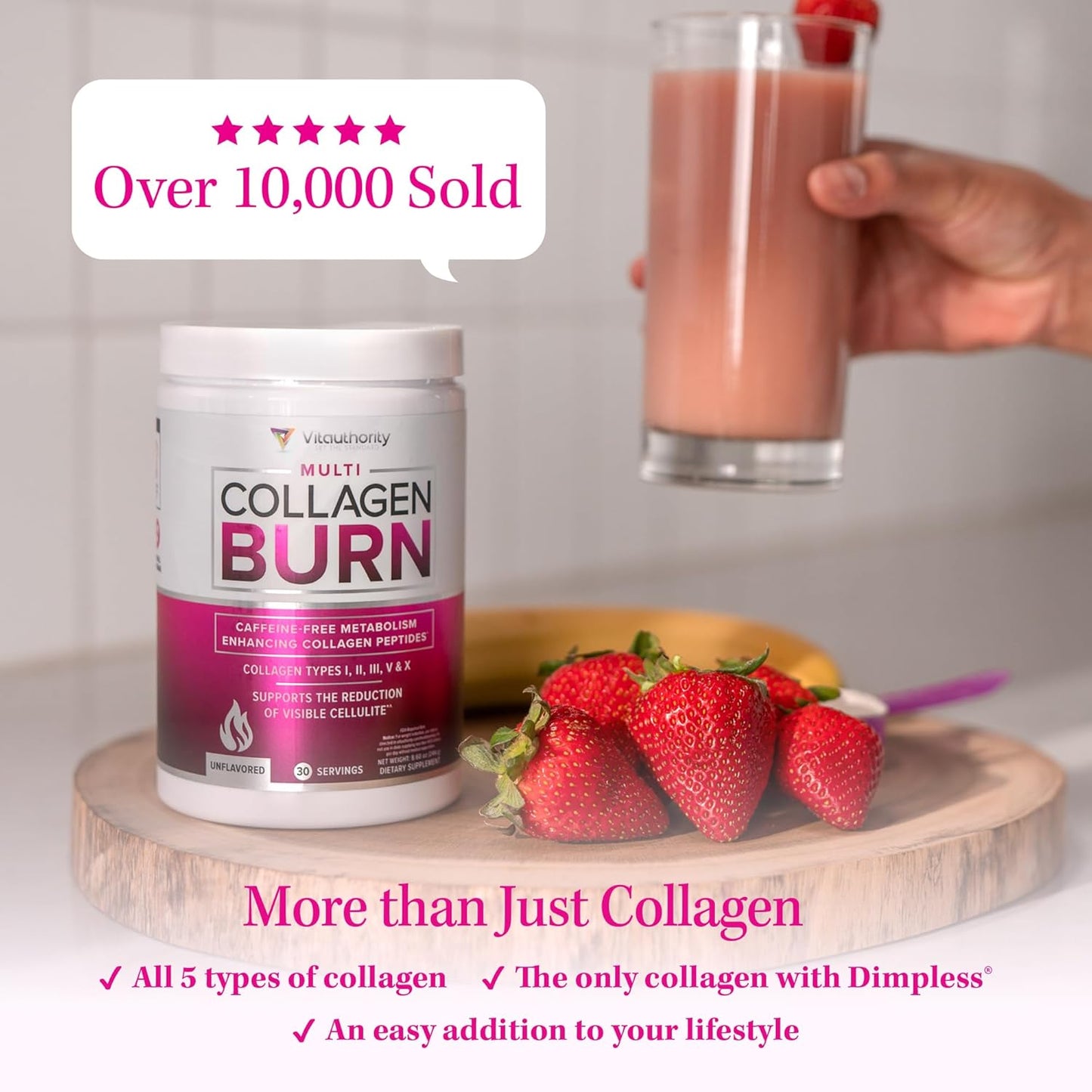 Multi Collagen Burn: MultiType Hydrolyzed Protein Peptides with Hyaluronic Acid, Vitamin C, SOD B Dimpless, Types I, II, III, V and X, with Caffeine 30 Servings Tropical Punch Flavored