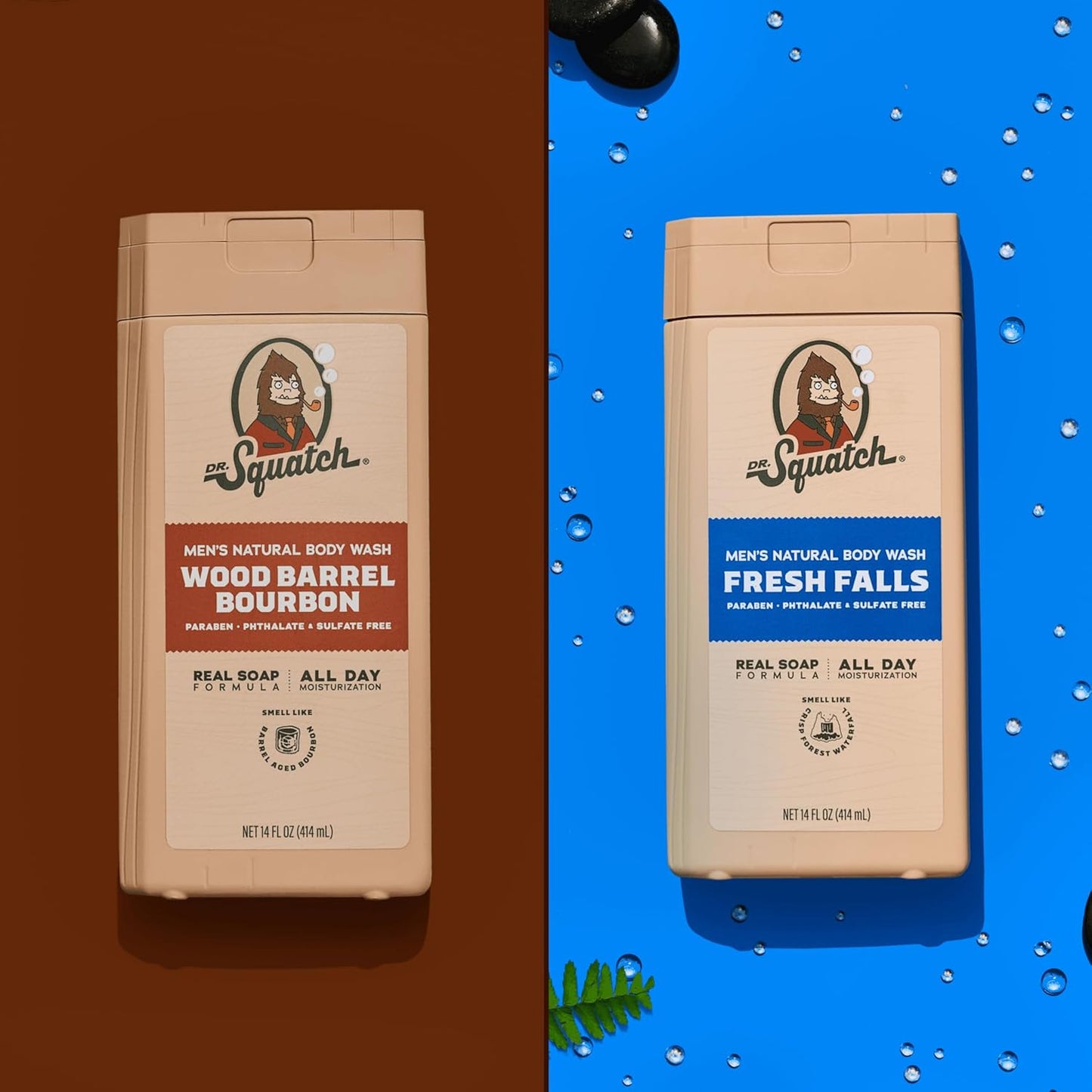 Dr. Squatch NEW Body Wash for Men with Nourishing, Natural Ingredients | No Paraben, Phthalate, Sulfate | All Day Moisture | Long Lasting Scent | Wood Barrel Bourbon & Fresh Falls (14 oz, 2-Pack)