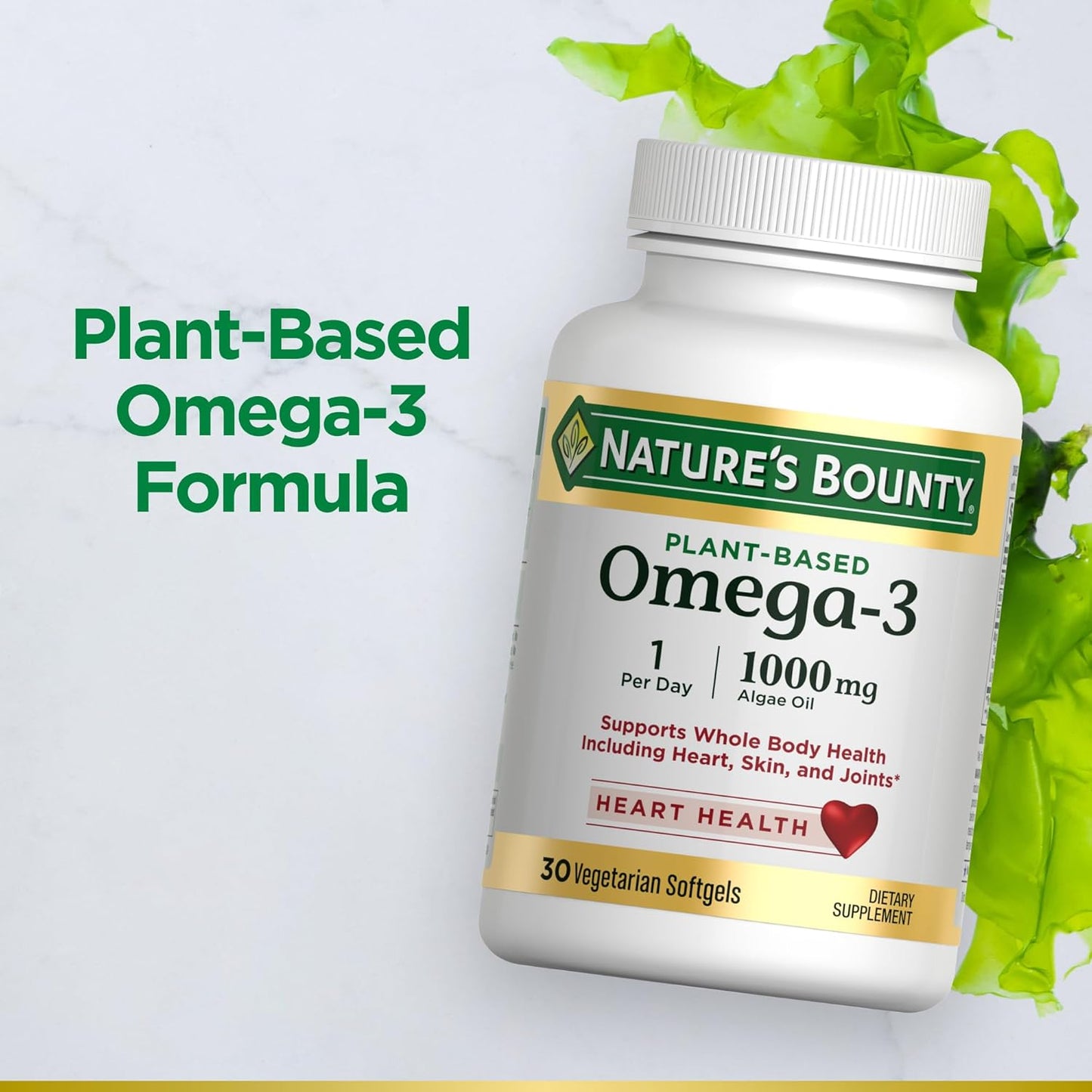 Nature's Bounty Omega 3, Plant-Based Omega 3 Fatty Acid Suppement, 1000mg, Supports Whole Body Health Including Heart, Skin, Joint, 30 Vegetarian Softgels, Fish Oil Alternative
