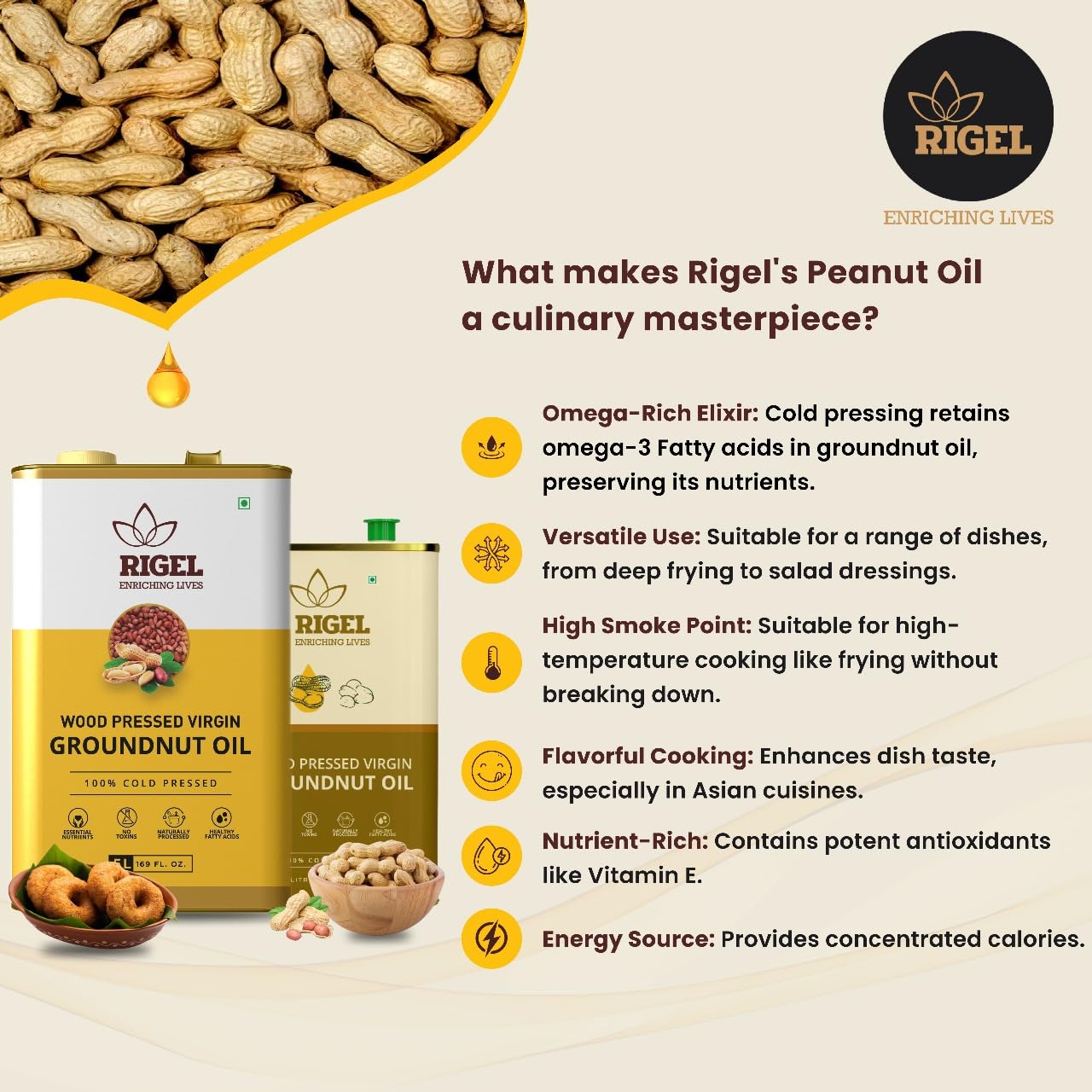 Rigel Spices | Naturally Milled Cold Pressed Peanut Oil in a Eco-Friendly Tin 33.8 fl oz(1L Tin) | No Preservatives