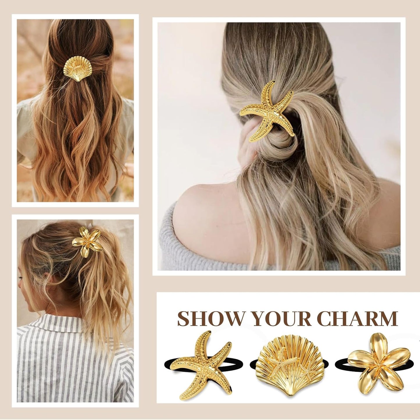 3PCS Gold Hair Ties, Metal Hair Ties for Thick Hair, Elegant Durable Geometric Design, Gold Hair Accessories Stretchy and Non-Damage Ponytail Holders, Ocean Pattern 3 Style Starfish Shell Flower