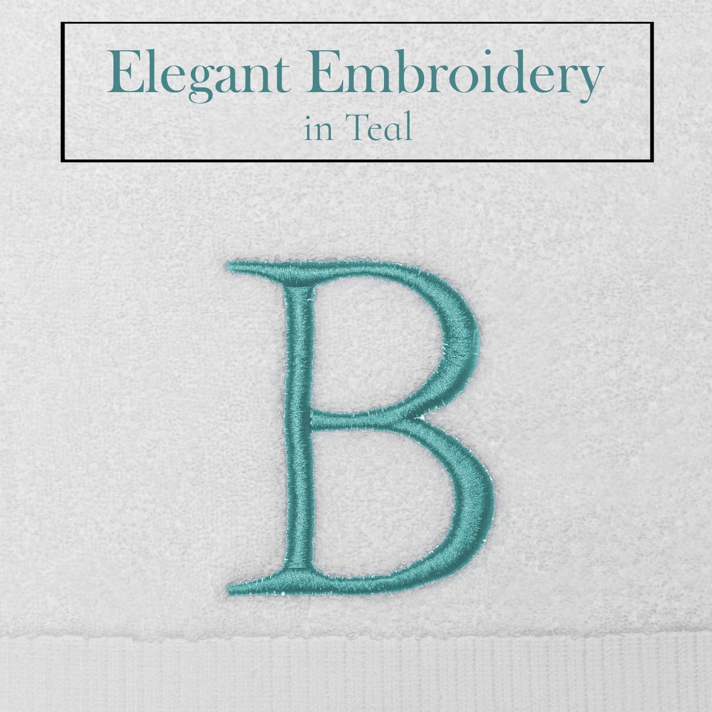 Teal and White Bathroom Hand Towel - Monogrammed Luxury Hotel Quality Decorative Embroidered Towel for Powder Room, Spa - GOTS Organic Certified - Set of 2 Letter B
