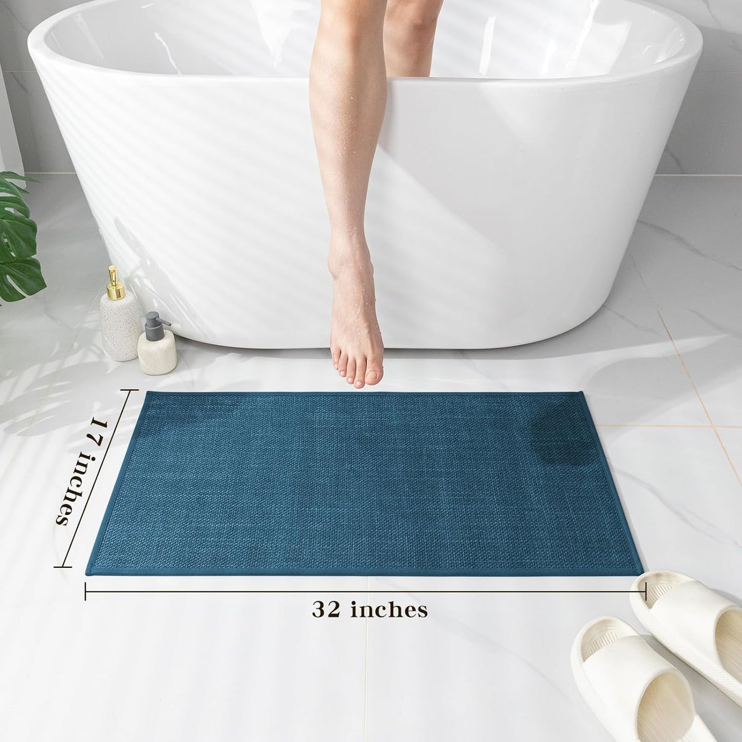 chakme Bathroom Rugs Mat 32x17, Ultra Thin Non Slip Bath Mat Quick Dry Absorbent Bath Mat for Bathroom Floor, (Dark Blue, 32"x17")