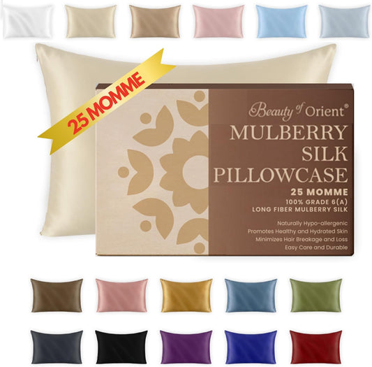 25 Momme Premium Mulberry Silk Pillowcase for Hair and Skin | Handcrafted Hypoallergenic & Anti-Acne Silk Pillow Cases with Zipper | Standard - 20" x 26", Vanilla Ice