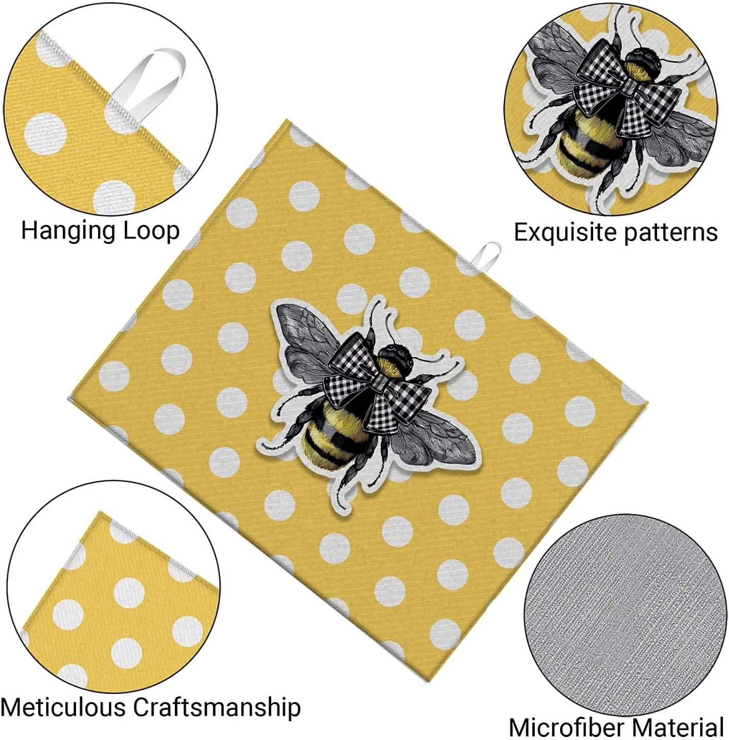 Dish Drying Mat For Kitchen Counter, Yellow Honey Bees Microfiber Absorbent Dish Drainer Rack Pad Reusable Large 18x24in Drying Mat