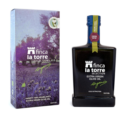 Finca La Torre Hojiblanca Organic Olive Oil - Extra Virgin Cold Pressed Spanish Olive Oil - Premium Oil from Malaga, Spain - Gourmet Food Gifts - 2021 Flos Olei Hall of Fame Winner (500 ml Bottle)