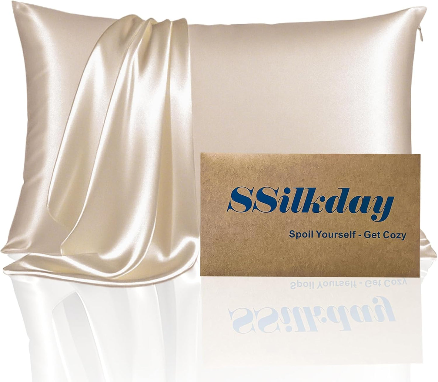 Mulberry Silk Pillow Cases with Zipper, Ultra Smooth Soft Breathable Cooling Pillow Cases for Hot Sleepers, Silk Satin Pillowcase for Hair and Skin, Gifts for Women (Champagne, Queen Size, 1 Pack)