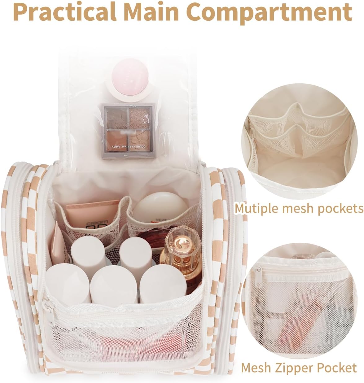 Narwey Small Checkered Hanging Travel Toiletry Bag for Women, Travel Bag for Toiletries, Makeup Bag Organizer Cosmetic Bags Make Up Bags for Women (Light Checkerboard)