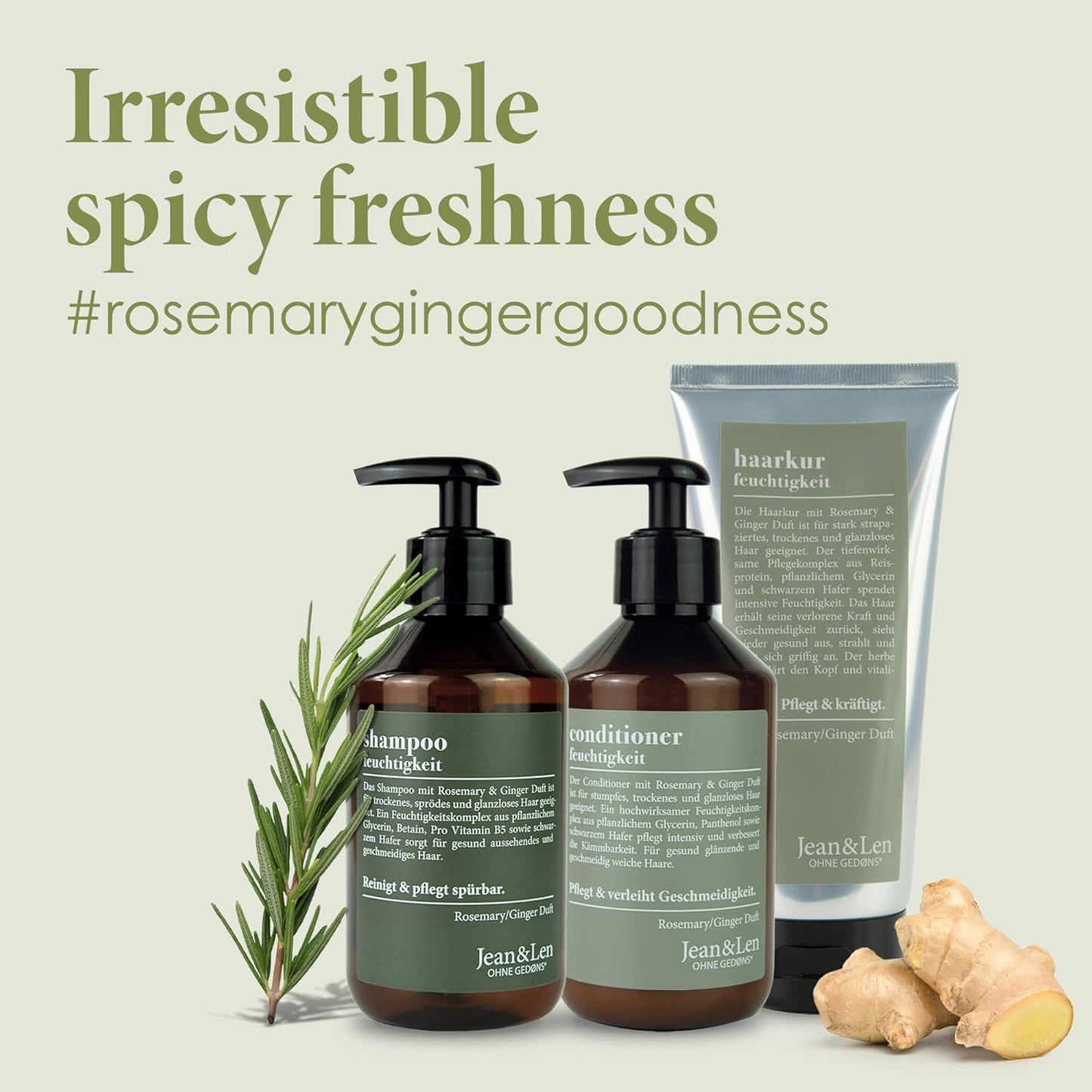 Hair care Set Rosemary Ginger by Jean&Len, Contains Shampoo, Conditioner + Treatment for bright & healthy hair, with natural ingredients, vegan, 5 Fl. Oz.