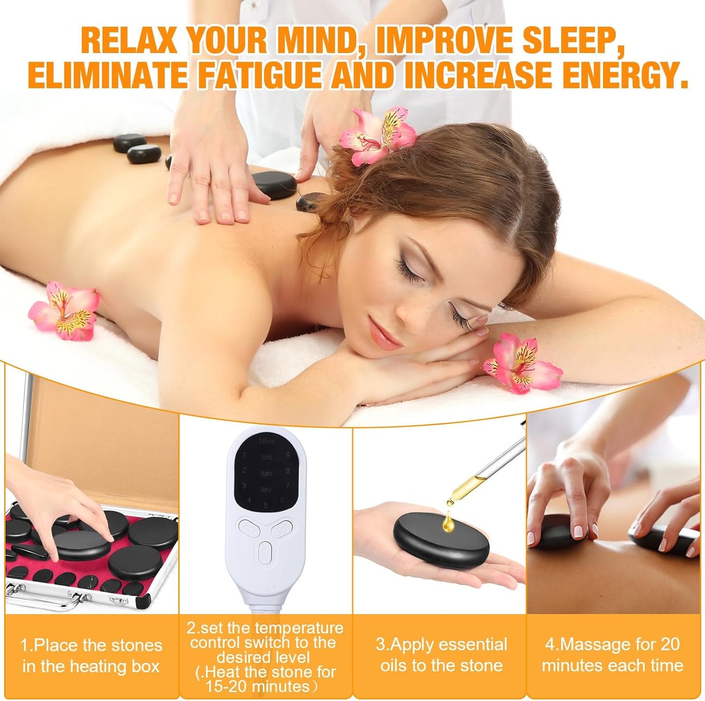 Hot Stones Massage Set 18 Pieces Basalt Hot Rocks Massage Rocks Kit Black Smooth Stones for Professional Home Spa Warming Relaxing Pain Relief(Adjustable Temperature)