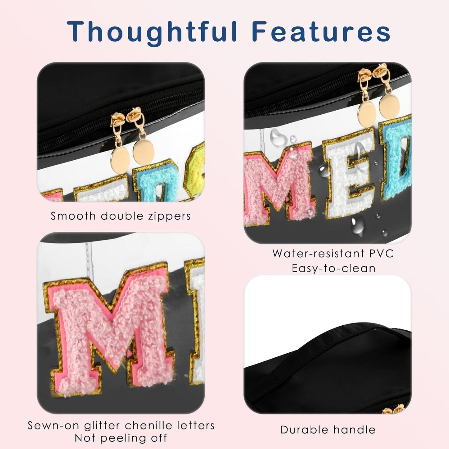 Personalized Chenille Letter Clear Medicine Makeup Bag, Large Size Waterproof Nylon Cosmetic Toiletry Storage bag with Top Handle, Transparent Meds First Aid Travel Organizer Cosmetic Bag(04Black)