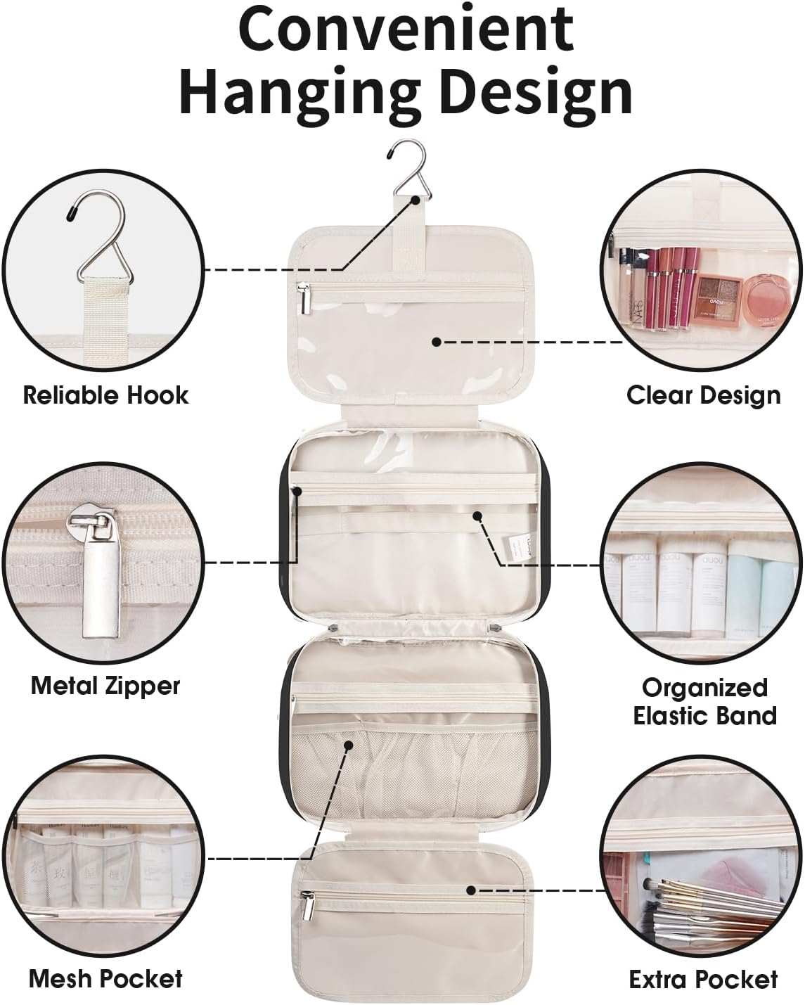 Travel Toiletry Bag for Women Large Hanging Makeup Bag Organizer Toiletries Bag for Full Size Essentials Accessories Cosmetics (Black (Large))