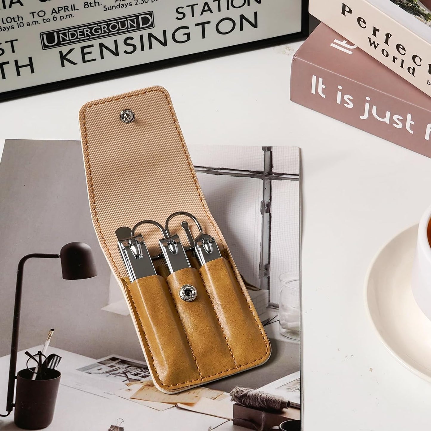 Premium Stainless Steel Nail Clippers Set - Travel Grooming Kit, 6pc Manicure/Pedicure Tools with PU Case - Unisex Gift for Men and Women(D-Khaki)