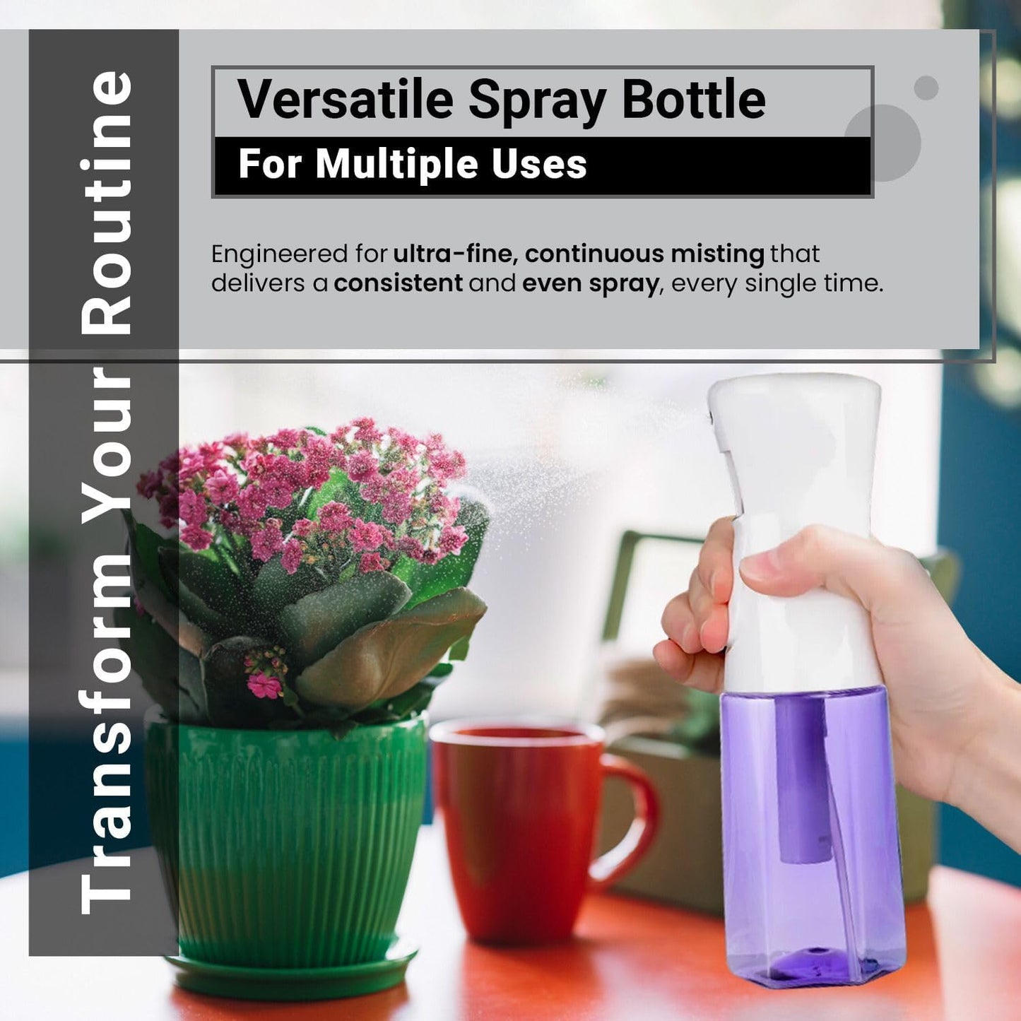 Continuous Mist Spray Bottle – Ultra Fine Mist for Hair Styling, Salon Use, and Versatile Applications – Ideal for Plants, Cleaning, and Travel – 5 oz Purple Octagon Shape Empty Bottle