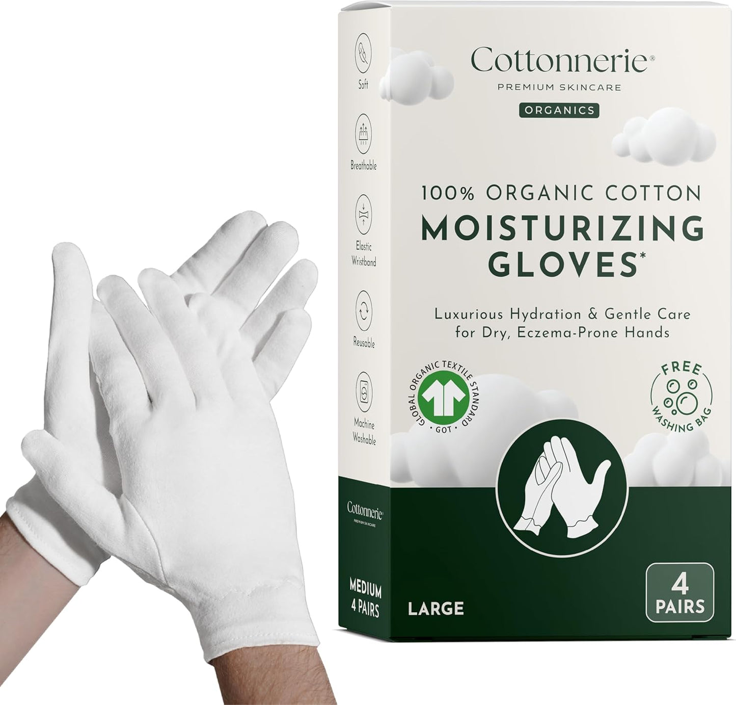 Cottonnerie Organic Cotton Gloves for Dry Hands Sleeping, Moisturizing Gloves Overnight, Hand Moisturizer Gloves, Moisture Gloves for Dry Hands Overnight, Sleeping Gloves, Large 4 Pairs