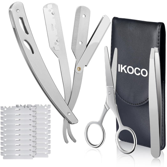 Straight Razor for Men, IKOCO Black Straight Edge Razor Kit with 20PCS Barber Shaving Blades, Leather Case, Scissor, Tweezer, Silver