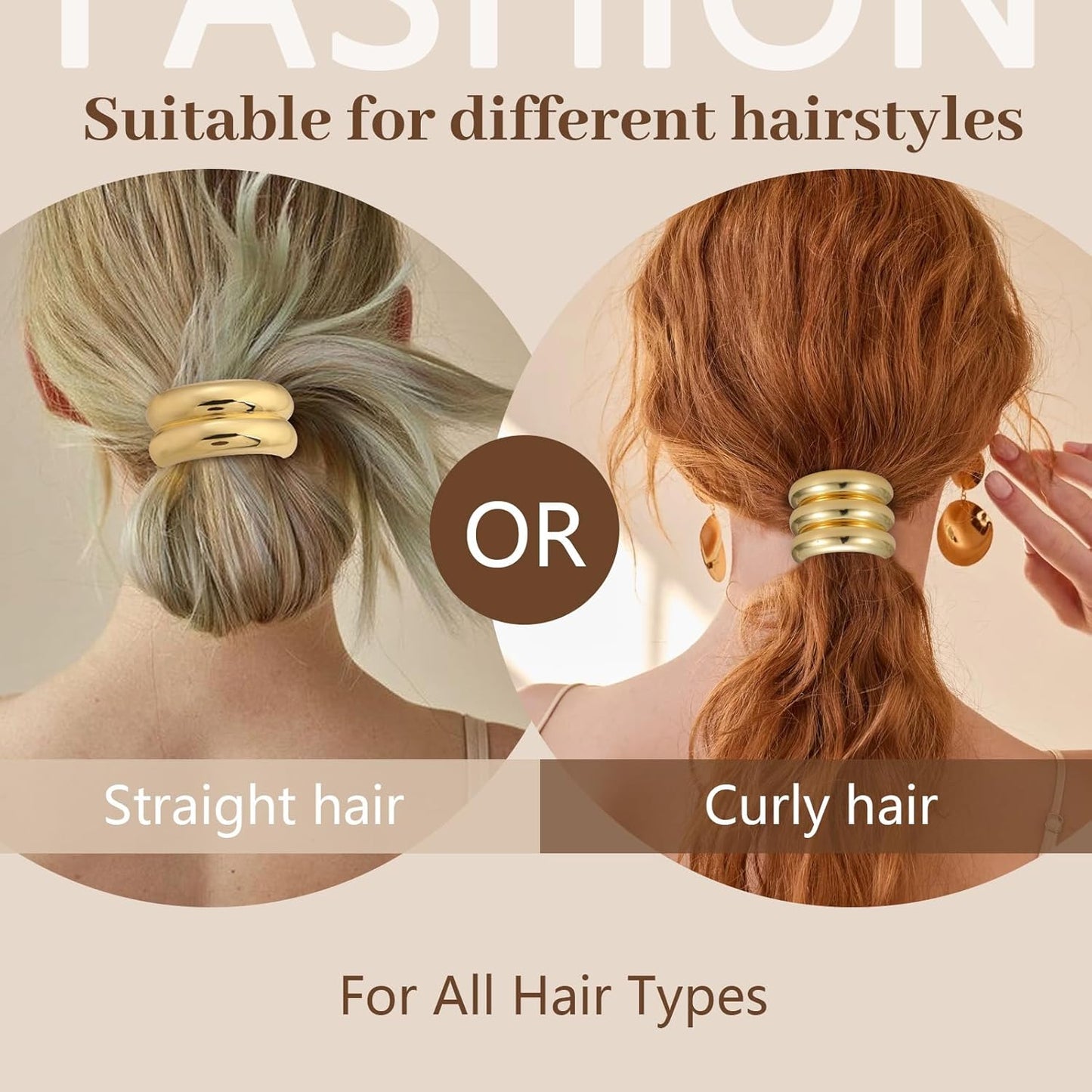 3PCS Gold Hair Ties, Metal Hair Ties for Thick Hair, Elegant Durable Geometric Design, Gold Hair Accessories Stretchy and Non-Damage Ponytail Holders