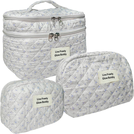 3Pcs Large Travel Quilted Makeup Bag, Double Layer Cute Floral Cotton Toiletry Bag, Aesthetic Flower Cosmetic Bag Coquette Skincare Organizer Bag for Women (77-BlueFloral)