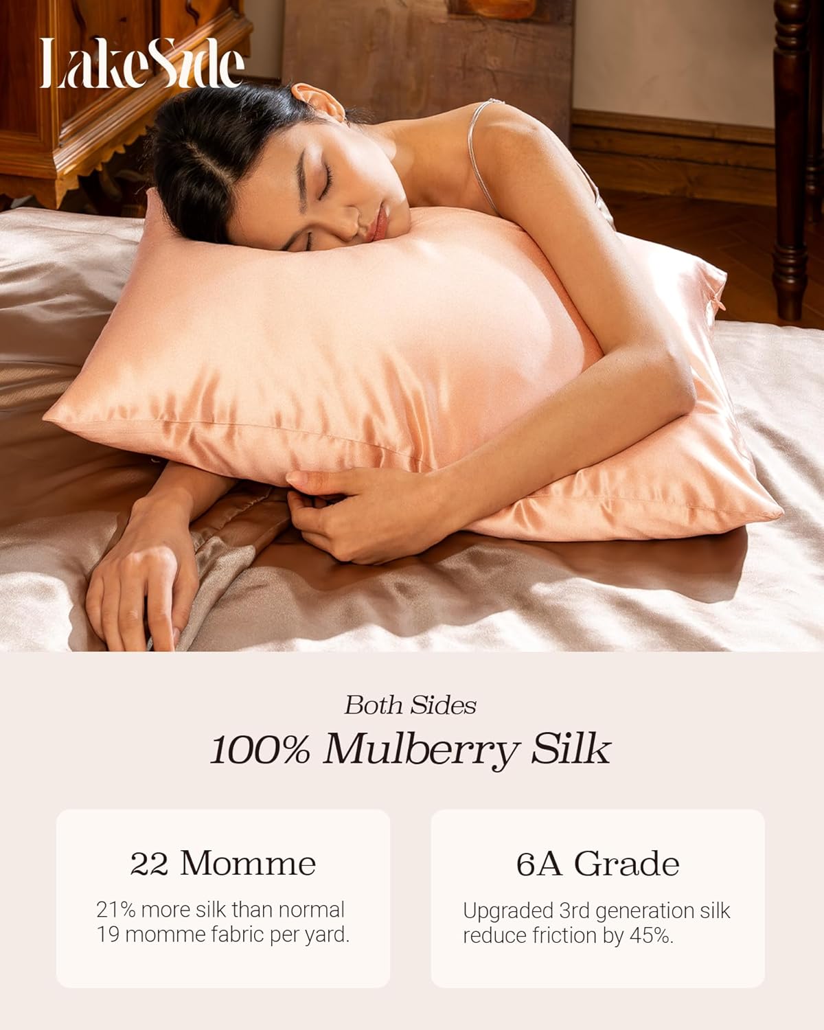 Oriental Lakeside® 100% Pure 22 Momme Mulberry Silk Pillowcase with Hidden Zipper - Nighttime Skincare & Hair Care Hydrating Pillow Cover
