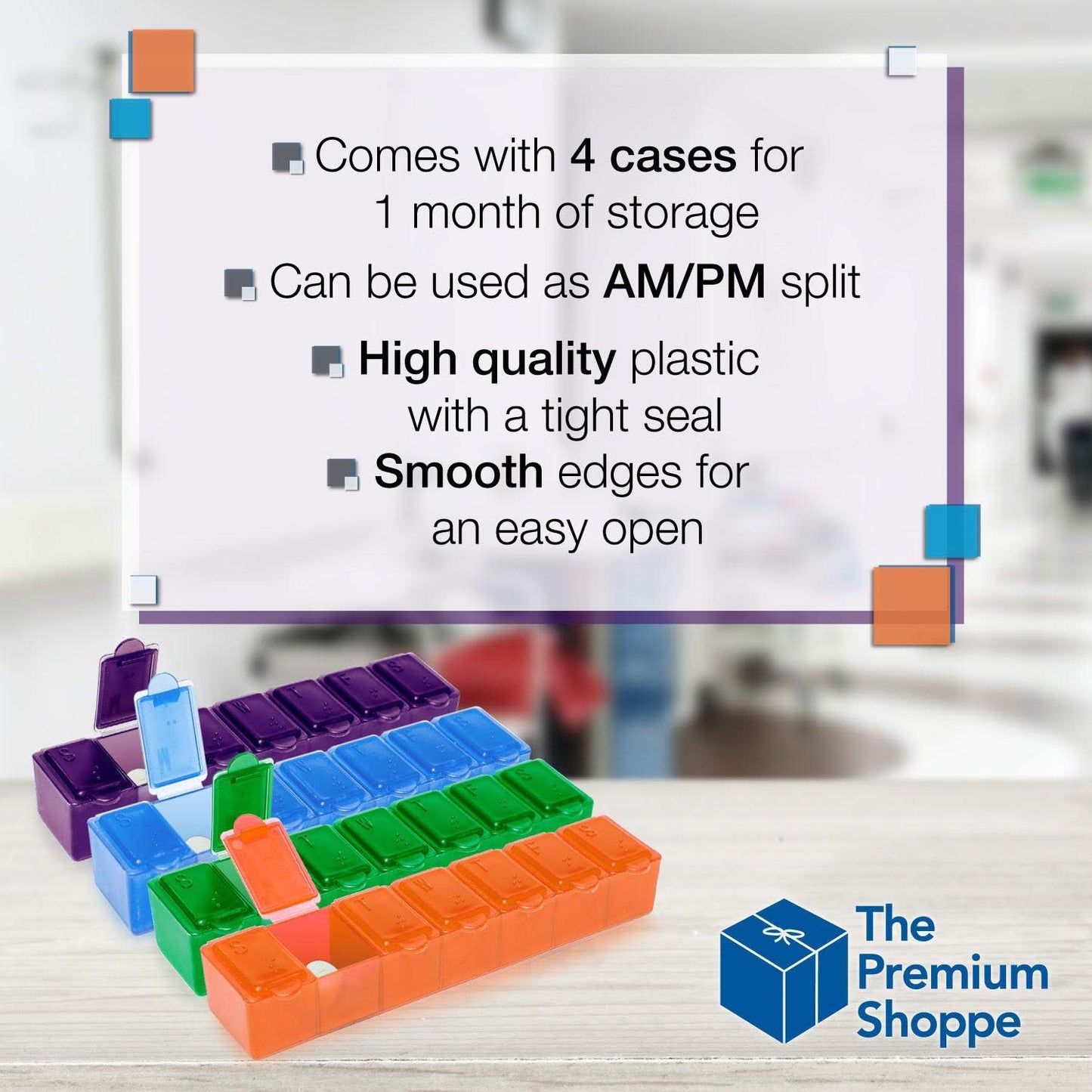 USA Merchant - 7 Day Pill Box Small with Snap Close Lids - Weekly Pill Organizer 4 Times a Day or 28 Day Dispenser - Comes with 4 Separate 7 Day Pill Containers for Vitamins, Supplements, and Medicine